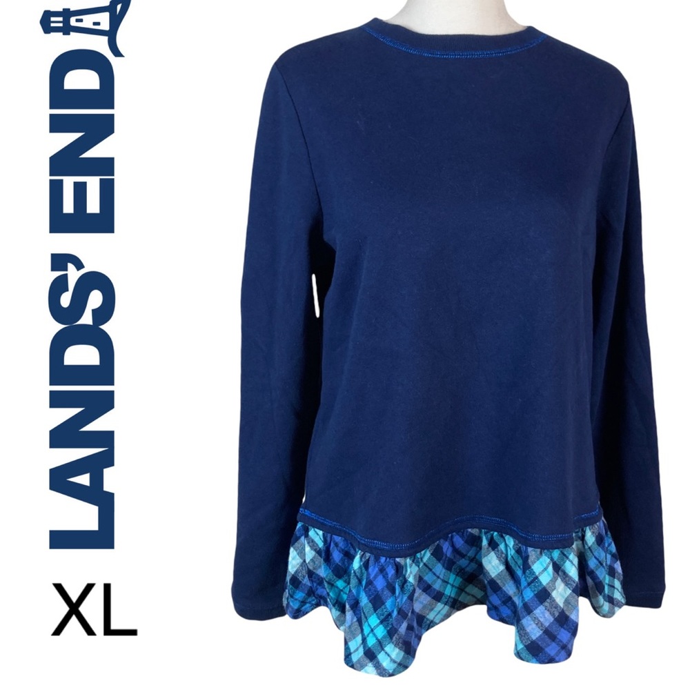 Lands End  Women's Navy Plaid Ruffle long sleeved Top  EUC Size XL